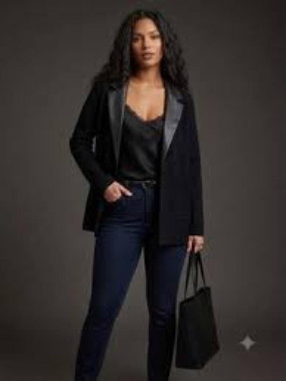 SIONI BLACK KNIT BLAZER WITH FAUX LEATHR LAPEL SIZE XL EUC